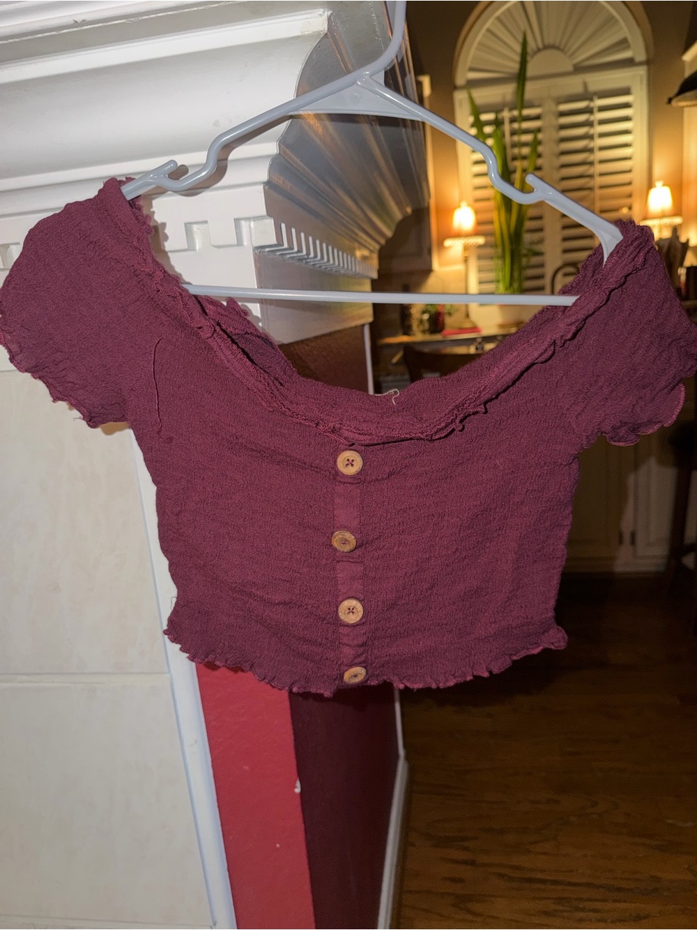 La Hearts Off-Shoulder Button-Front Crop Top - Wine